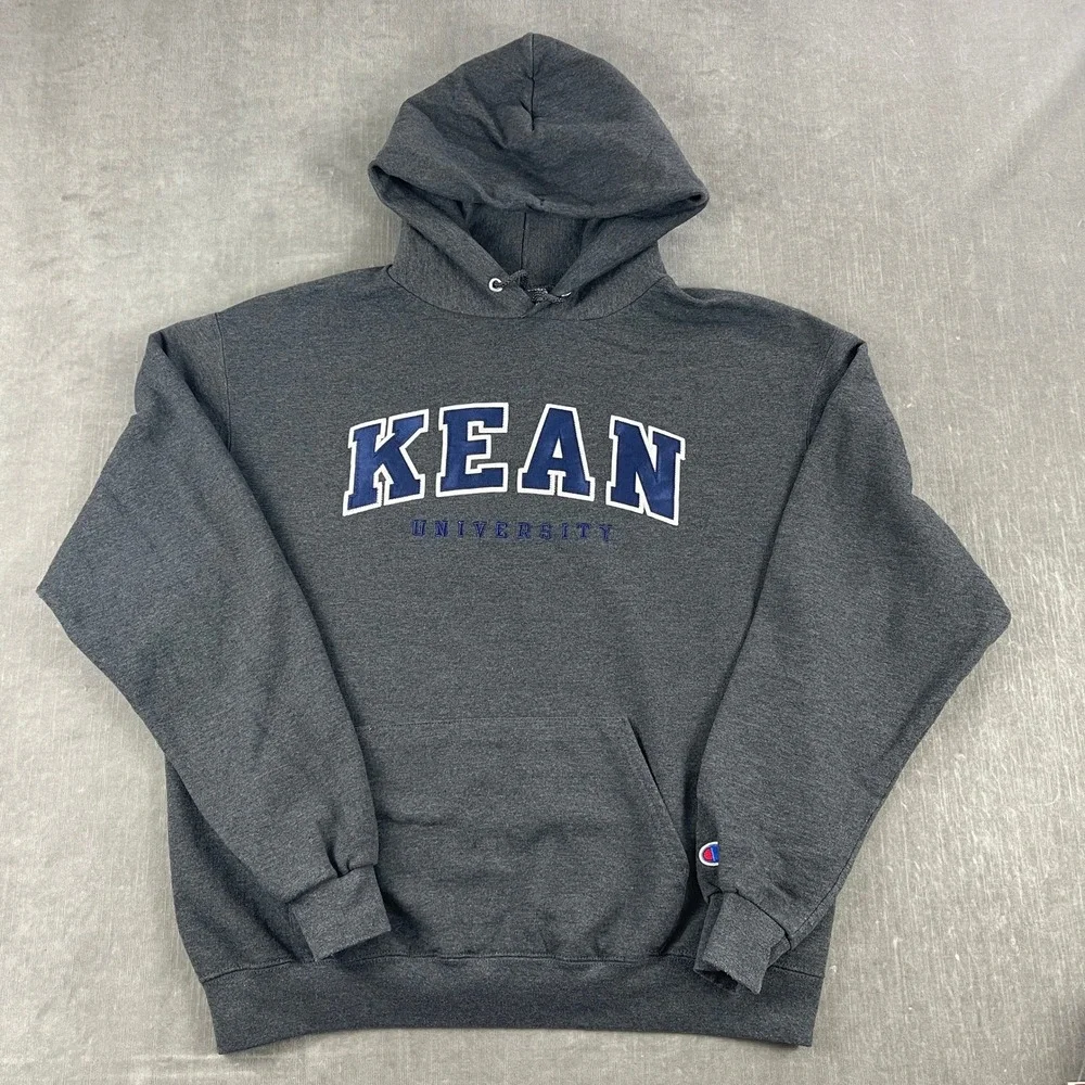 Kean University Champion Mens L Charcoal Gray Hoodie Pullover Applique Logo